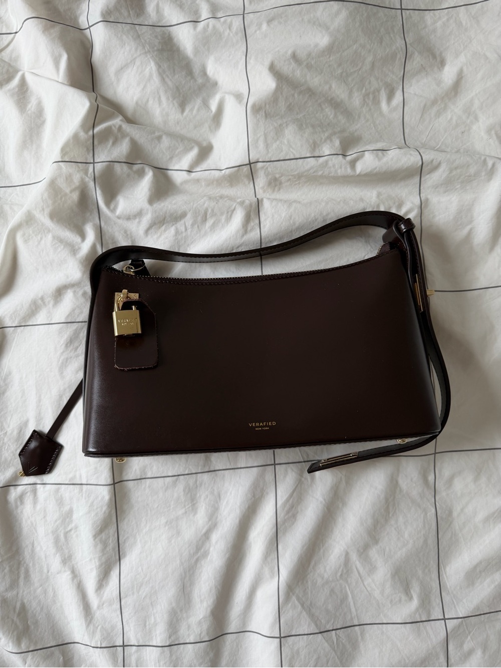 VERAFIED Dark Brown Leather Shoulder Bag with Gold Lock Accent